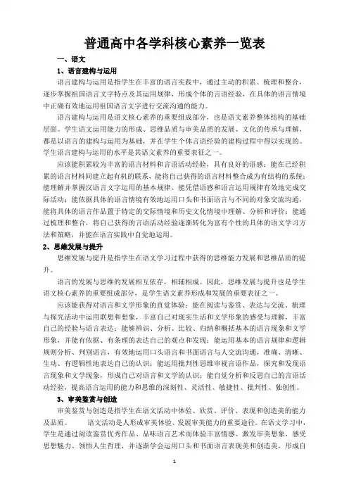 普通高中各学科核心素养一览表
