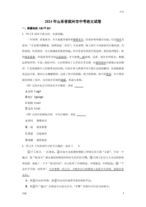 2024年山东省滨州市中考语文真题卷及答案解析
