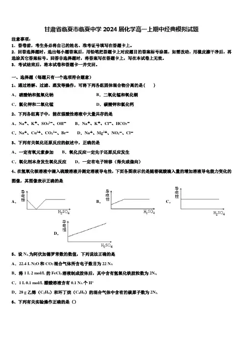 甘肃省临夏市临夏中学2024届化学高一上期中经典模拟试题含解析