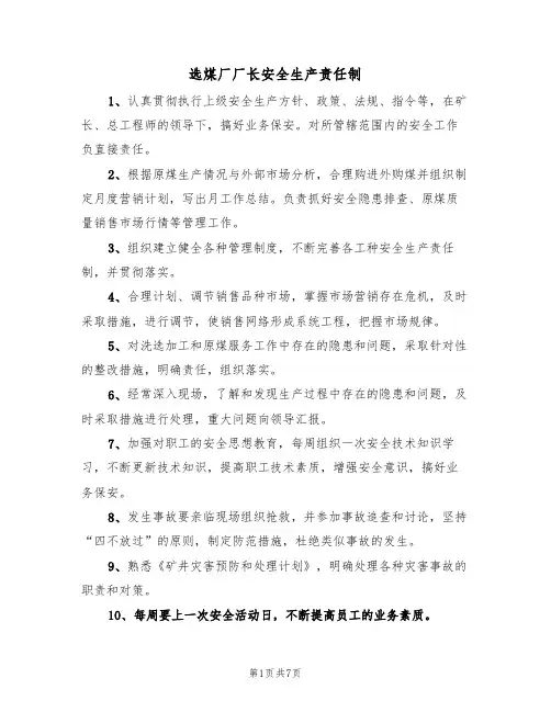 选煤厂厂长安全生产责任制(5篇)