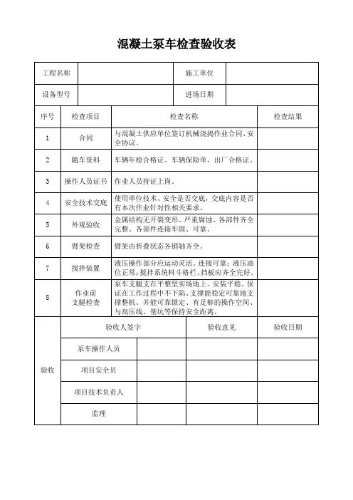 混泥土泵车及汽车吊检查验收表模板