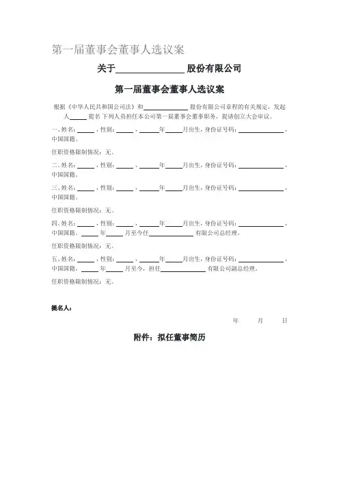 第一届董事会董事人选议案