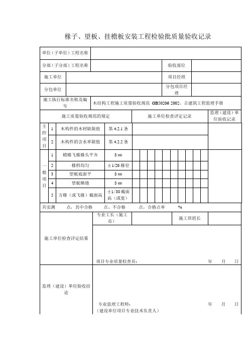椽子、望板、挂檐板安装工程检验批质量验收记录