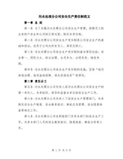 污水处理分公司安全生产责任制范文