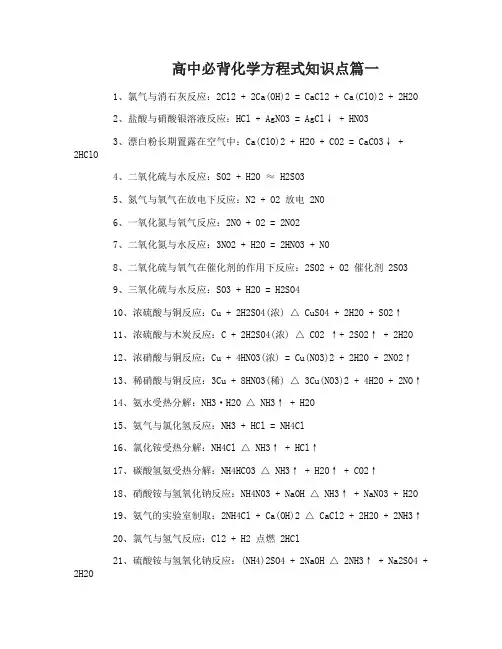 高中必背化学方程式知识点