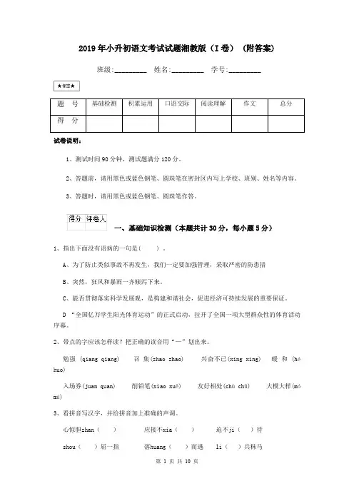 2019年小升初语文考试试题湘教版(I卷) (附答案)