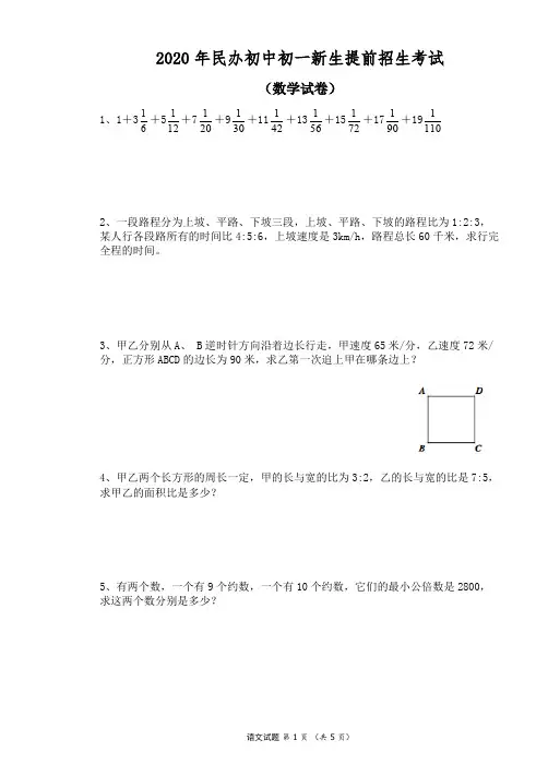2020年民办中学小升初提前招生考试语文数学整套试卷及答案1