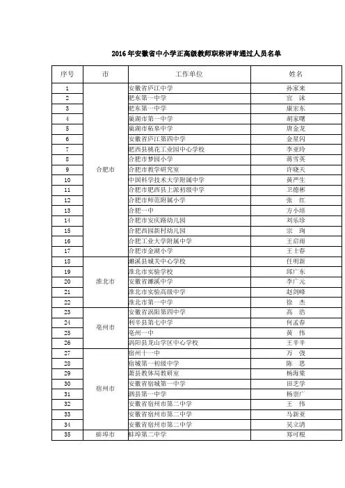 2016年安徽省中小学正高级教师职称评审通过人员名单