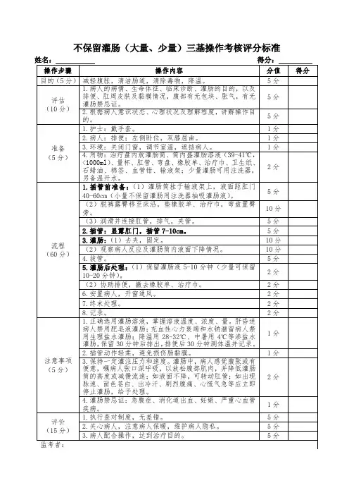 不保留灌肠(大量、少量)三基操作考核评分标准