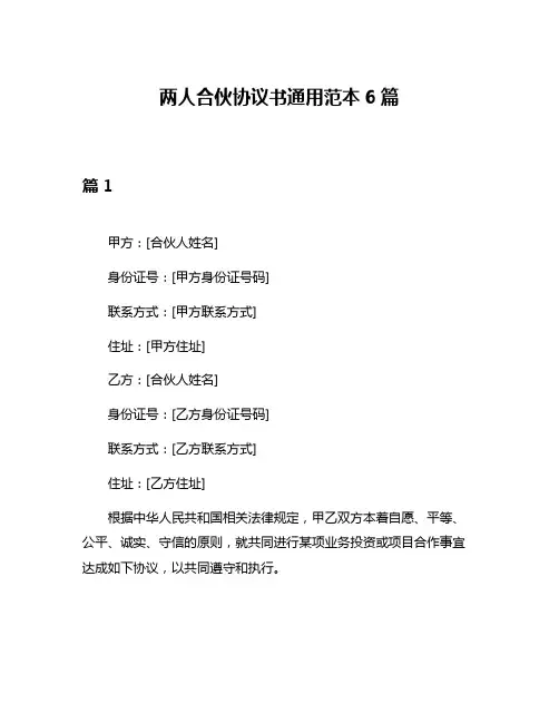 两人合伙协议书通用范本6篇
