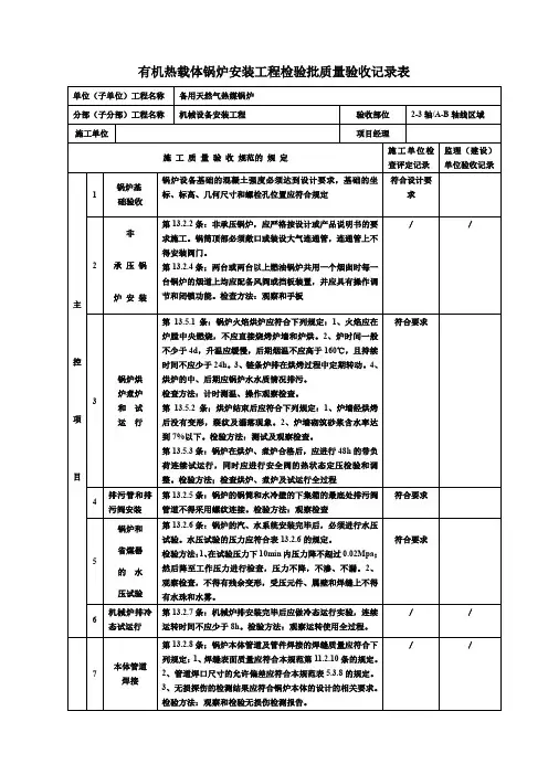 有机热载体锅炉安装工程检验批质量验收记录表