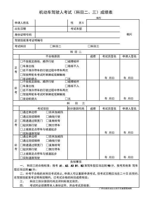 机动车驾驶人考试科目三成绩表