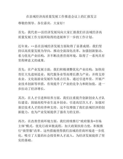 在县域经济高质量发展工作推进会议上的汇报发言