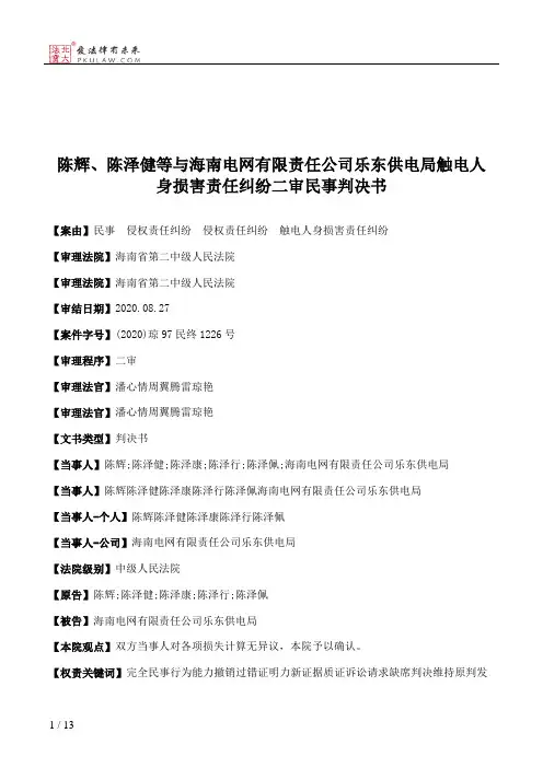 陈辉、陈泽健等与海南电网有限责任公司乐东供电局触电人身损害责任纠纷二审民事判决书