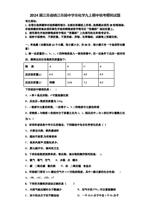 2024届江苏省镇江市扬中学市化学九上期中统考模拟试题含答案解析