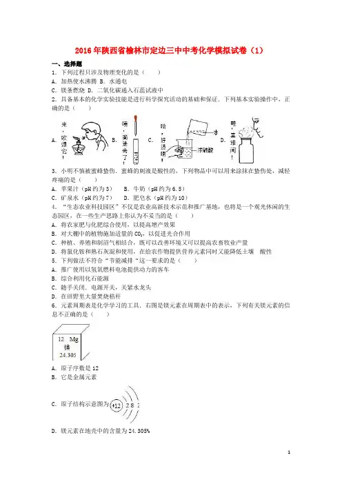 陕西省榆林市定边三中中考化学模拟试卷(1)(含解析)