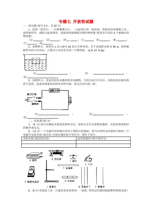 2019届中考物理第一轮专项复习测试卷：开放性试题(含答案)