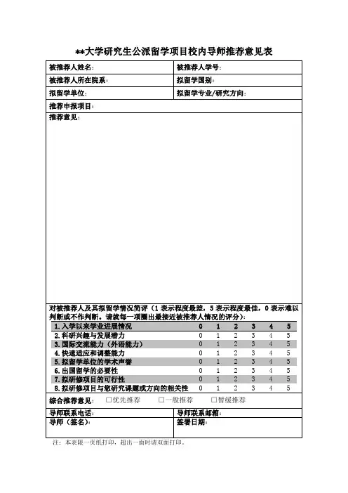 大学研究生公派留学项目校内导师推荐意见表