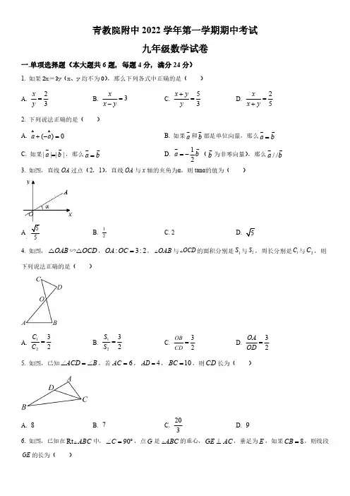 2022-2023学年上海市青浦区教师进修学院附属中学九年级上学期期中数学试卷含详解