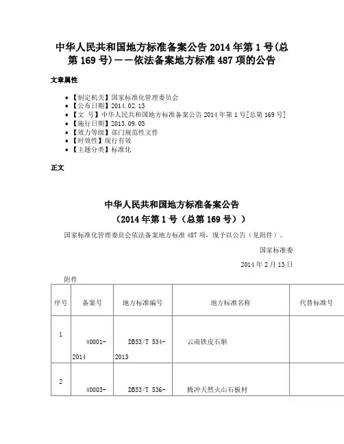 中华人民共和国地方标准备案公告2014年第1号(总第169号)－－依法备案地方标准487项的公告
