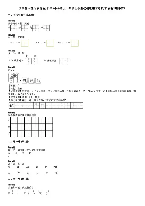 云南省大理白族自治州2024小学语文一年级上学期统编版期末考试(拓展卷)巩固练习