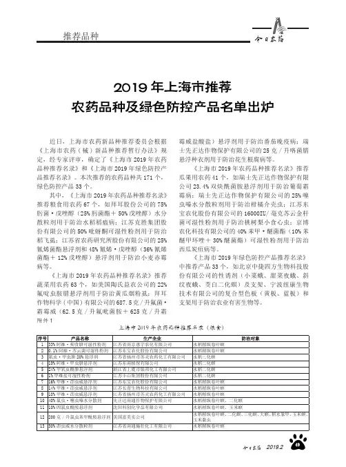 2019年上海市推荐农药品种及绿色防控产品名单出炉