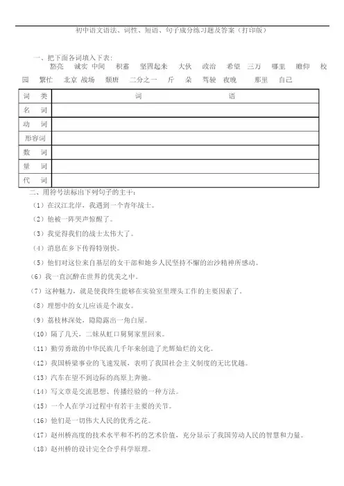 初中语文语法、词性、短语、句子成分练习题及答案打印版