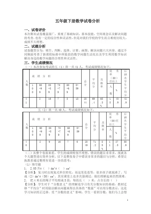2020最新五年级下册数学试卷分析