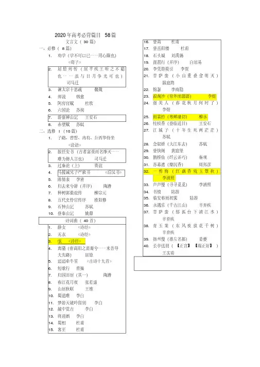 2020年高考必背篇目58篇