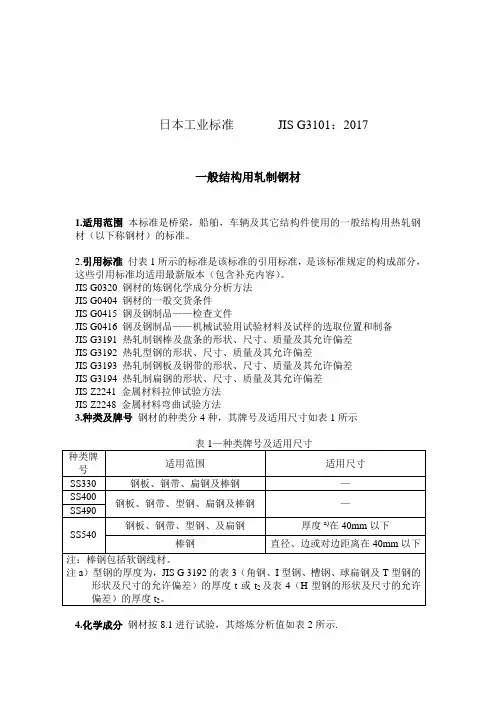 JIS G 3101：2017一般结构用轧制钢材