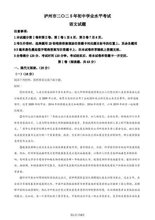 精品解析：2024年初中升学考试四川省泸州市中考语文真题(原卷版)