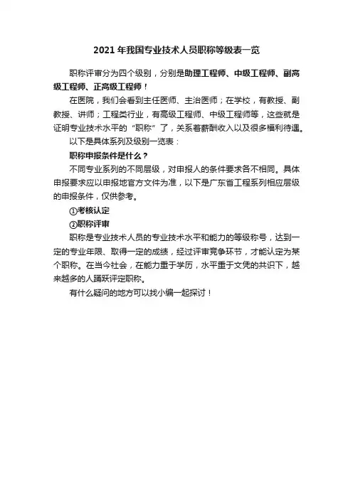 2021年我国专业技术人员职称等级表一览