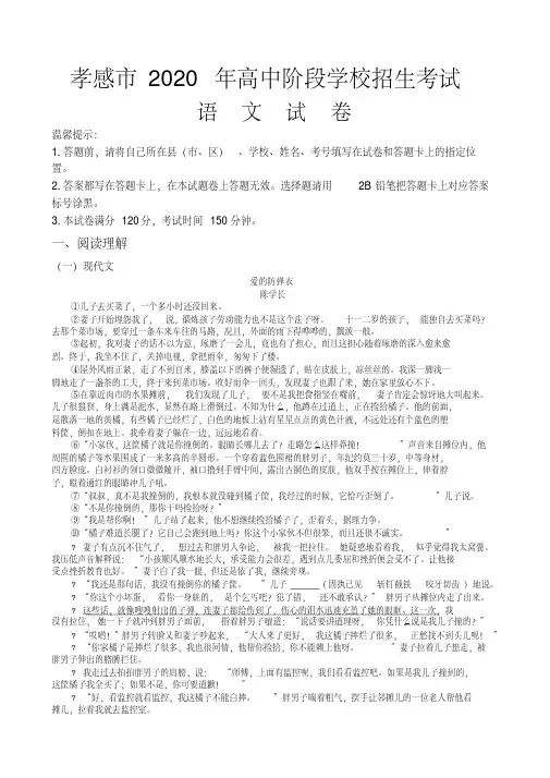 2020年湖北省孝感市中考语文试题(含答案,word版)