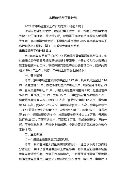 2022年市场监管所工作计划范文（精选8篇）