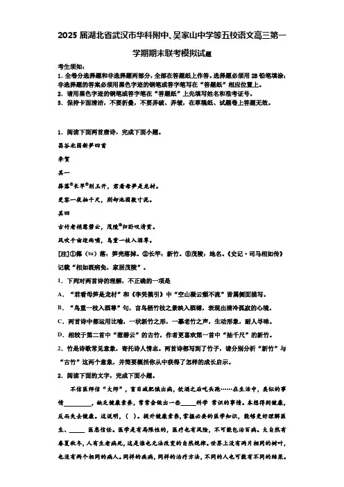 2025届湖北省武汉市华科附中、吴家山中学等五校语文高三第一学期期末联考模拟试题含解析