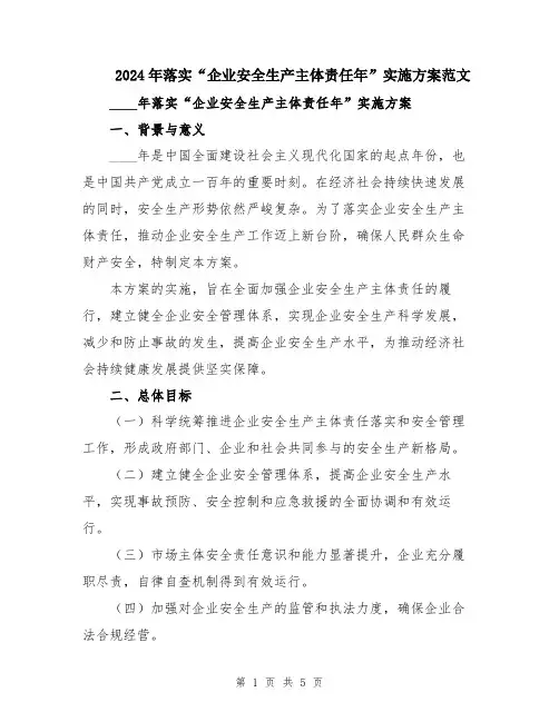 2024年落实“企业安全生产主体责任年”实施方案范文