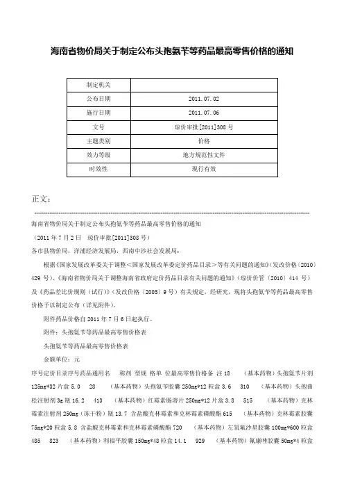 海南省物价局关于制定公布头孢氨苄等药品最高零售价格的通知-琼价审批[2011]308号