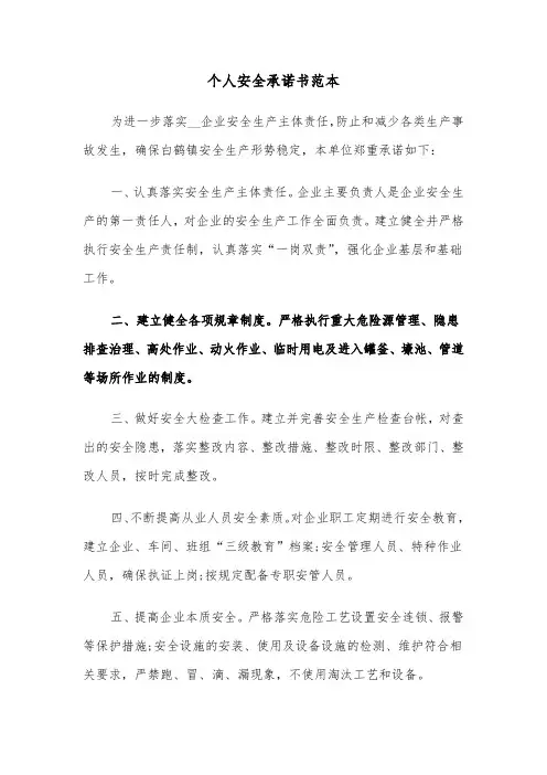 个人安全承诺书范本（7篇）