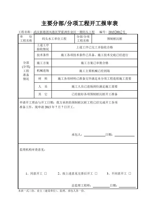 主要分部分项工程开工报审表