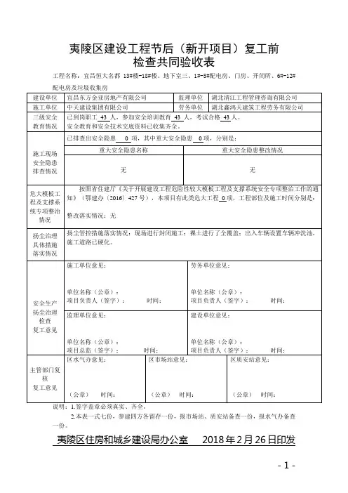 夷陵区建设工程节后复工前检查共同验收表