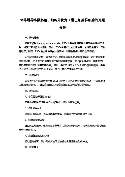 体外诱导小鼠胚胎干细胞分化为T淋巴细胞样细胞的开题报告