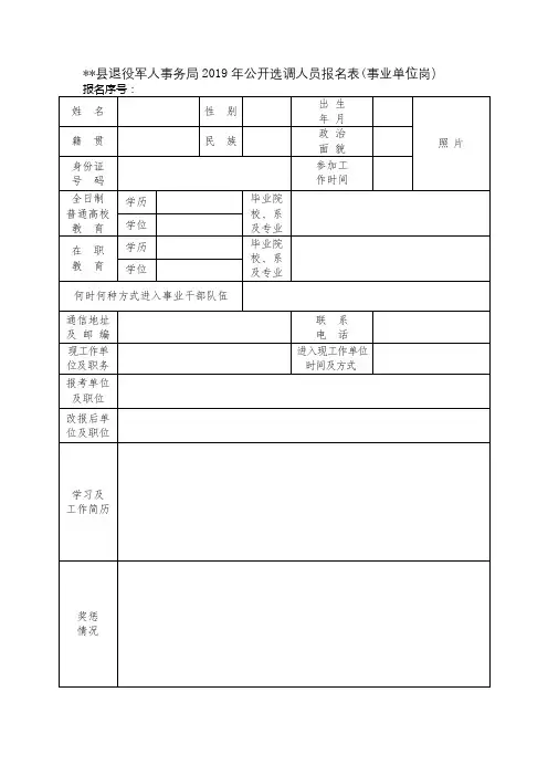 XX县退役军人事务局2019年公开选调人员报名表【模板】
