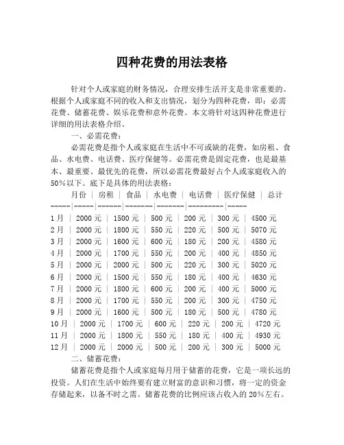四种花费的用法表格