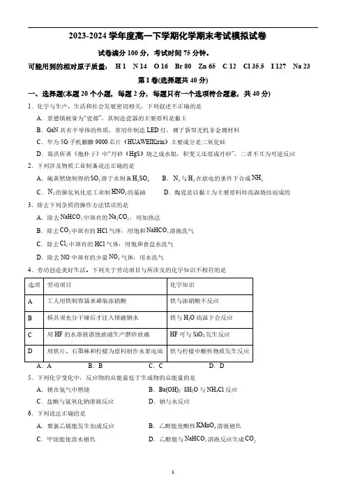 2023-2024学年度高一下学期化学期末考试模拟试卷