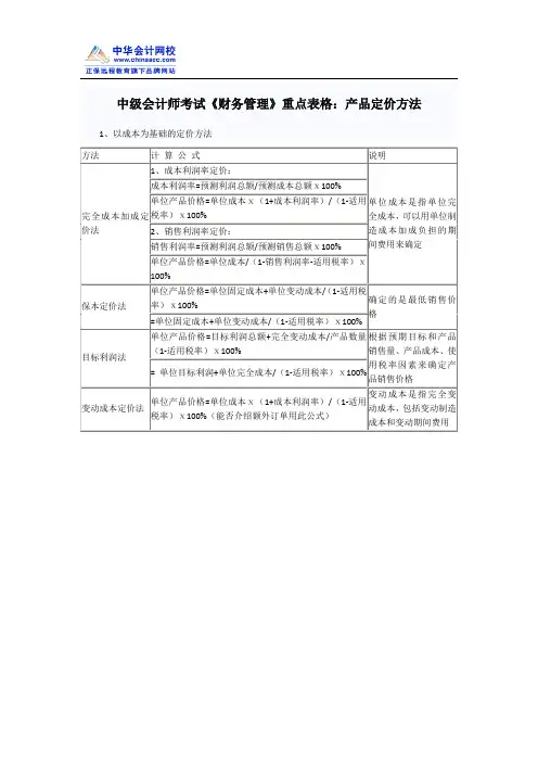 中级会计师考试《财务管理》重点表格：产品定价方法