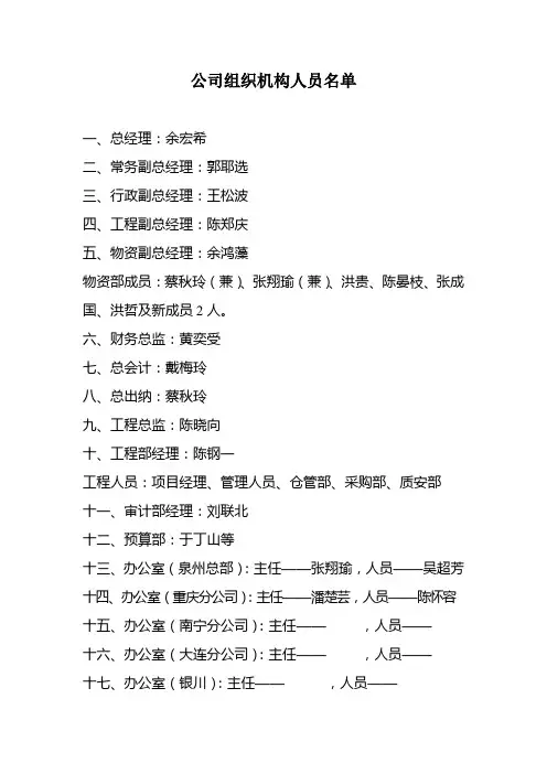 公司组织机构人员名单