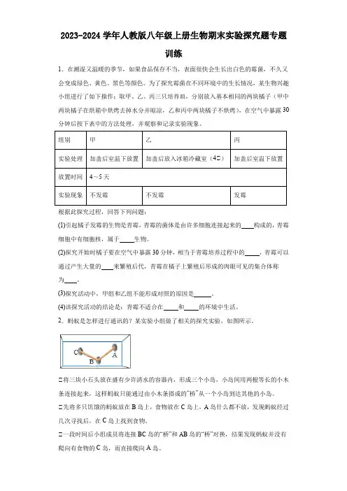 2023-2024学年人教版八年级上册生物期末实验探究题专题训练