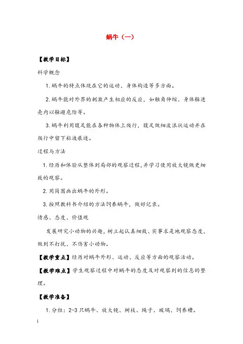 教科版科学三年级上册《蜗牛(一)》优秀教案(重点资料).doc