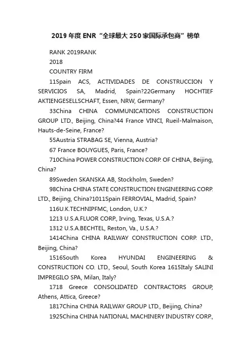 2019年度ENR“全球最大250家国际承包商”榜单