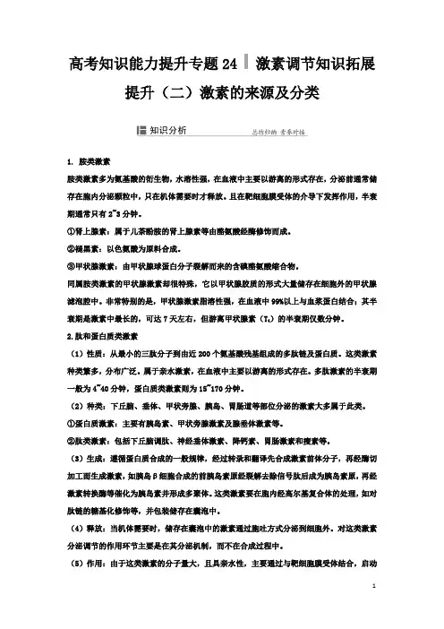 高考知识能力提升专题24   激素调节知识拓展提升(二)激素的来源及分类
